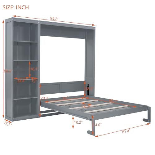 Queen Murphy Bed with Storage Bookcase Shelves, Wood Folding Grey Wall Bed Cabinet I26548