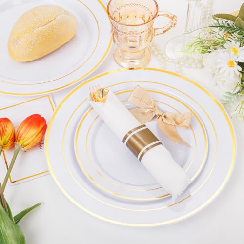 350PCS Clear Gold Plastic Dinnerware Set for 50 Guests, Disposable Plates, Cups & Silverware N692