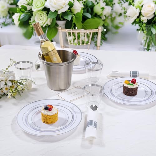 350PCS Clear Gold Plastic Dinnerware Set for 50 Guests, Disposable Plates, Cups & Silverware N692