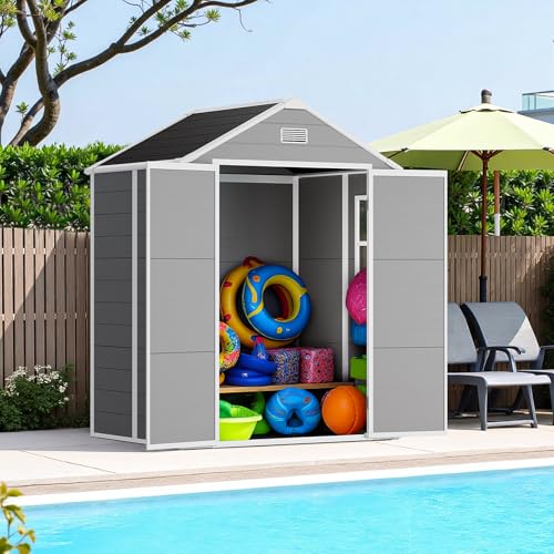 Resin Outdoor Storage Shed with Floor and Window, Lockable Small Tool Shed for Garden Patio Backyard, Light Gray V985