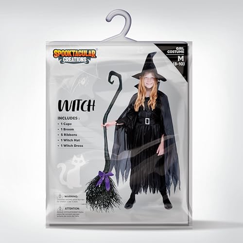 Kids Witch Costume with Broom and Hat, Halloween Party Dress, XL R9875