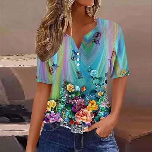 Women's Short Sleeve Henley Button Up Blouses I273259