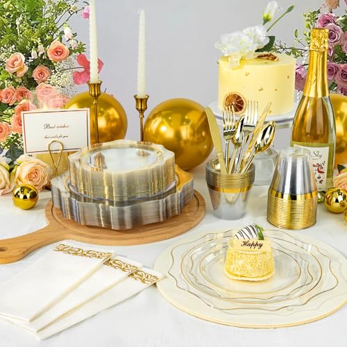 350 PCS Gold Plastic Plates with Cups, Silverware and Napkins for Party L8169