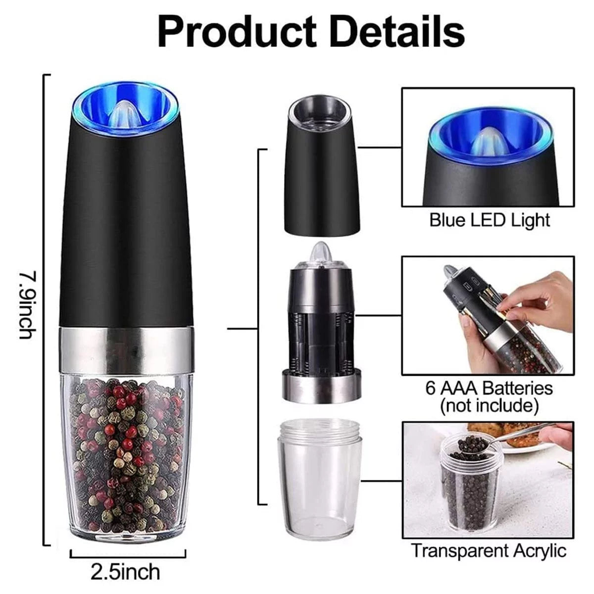 Salt and Pepper Grinder Set with Adjustable Coarseness and LED Light D3886