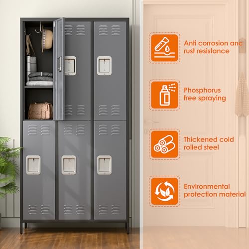 6 Door Metal Storage Locker with 18 Hooks, Black & Dark Grey K6611