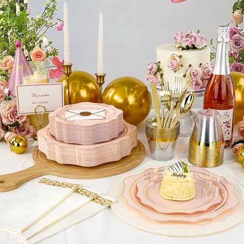 350 PCS Gold Plastic Plates with Cups, Silverware and Napkins for Party L8169