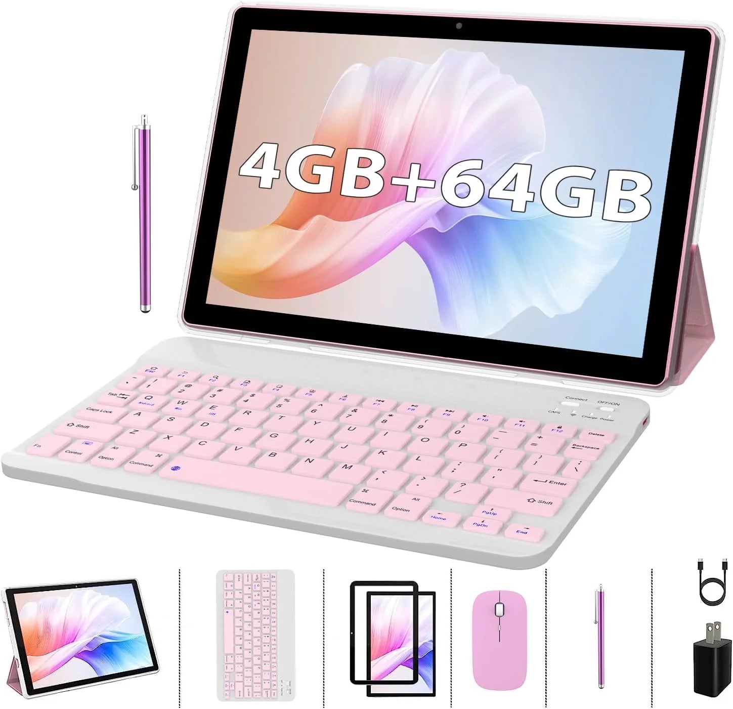 2 in 1 Tablet with Keyboard Case Mouse Stylus Pen Film, 10 inch Tablet Android 11.0 Tablets PC Set, 4GB RAM+64GB ROM Tableta Computer 10.1" IPS Screen 8MP Dual Camera WiFi BT Google Play Tab Pink/Girl