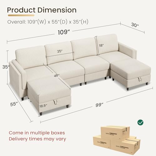 Modular Sectional Sofa Bed with Storage Ottoman, Beige S706