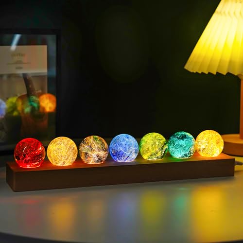 Crystal Glass Balls 1.5 Inch Decorative Set with LED Wooden Base Night Light V349