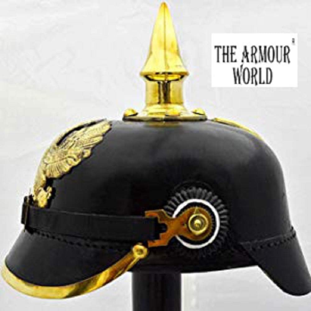 Leather Pickelhaube Helmet with Brass Spikes, Military Costume Replica J238