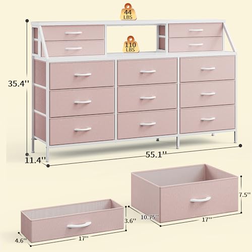 55" Dresser with 13 Fabric Drawers and 2 Open Shelves, Rustic Brown K688