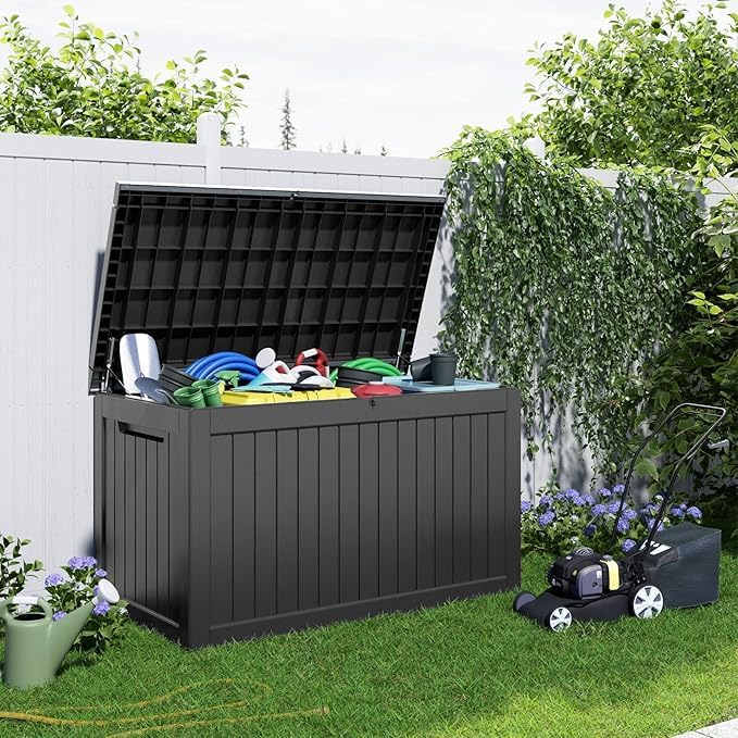 100 Gallon Resin Deck Box, Lockable Patio Outdoor Storage, Waterproof - Black F75230