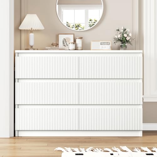 White 6 Drawer Dresser for Bedroom, Modern Fluted with Deep Drawers L14151