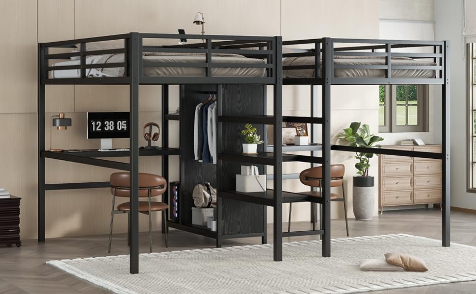 Metal Loft Bed with Wardrobe and L-Shaped Desk, Full Size with Storage Cubes and Shelves J450846