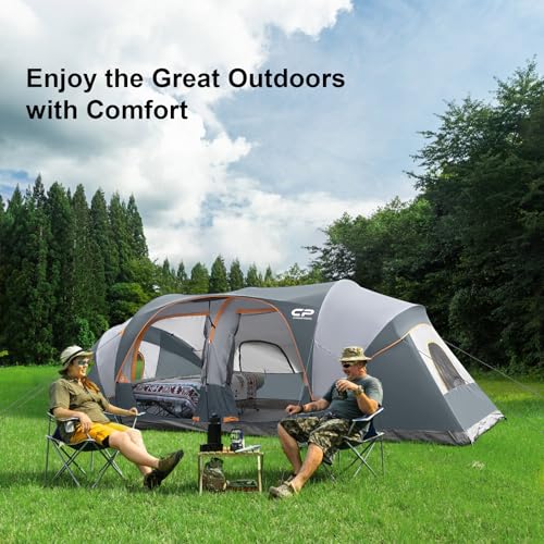 12-Person Camping Tent, 3 Room Family Tent, Waterproof Windproof with Carry Bag Q601154