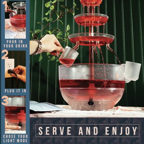 Drink Fountain for Parties - 1.5 Gal, 3 Tier Punch Bowl with LED Base, 4 Reusable Cups D308