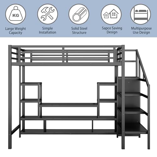 Queen Loft Bed with L-Shaped Desk and Stairs, Metal Frame, Black F92113