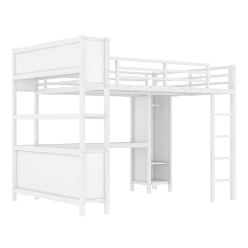 Full Loft Bed with Desk, Storage Shelves, and Wardrobe, Heavy-Duty Frame, Black K6320