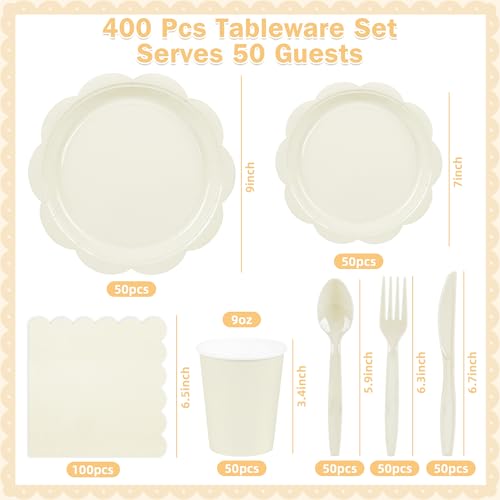 Ivory Paper Plates and Napkins Set for 50 Guests, Disposable Tableware with Utensils M509