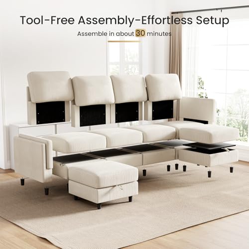 Modular Sectional Sofa Bed with Storage Ottoman, Beige S706