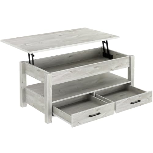 Lift Top Coffee Table with Drawers and Hidden Compartment, Wooden Retro Design for Living Room N4328