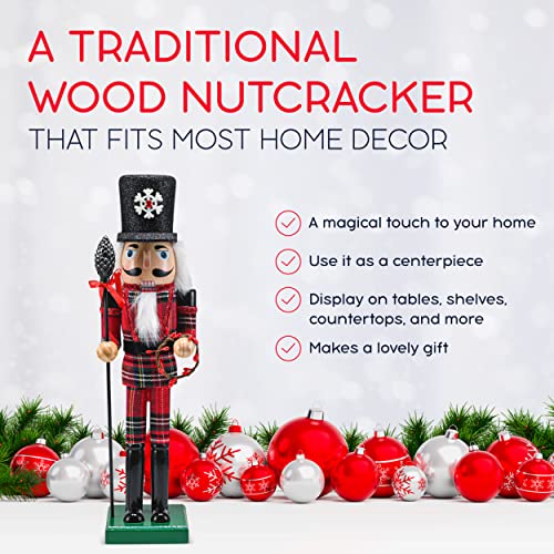 Christmas Buffalo Plaid Nutcracker Soldier with Acorn Staff, 15-Inch Wooden Holiday Decor X91654