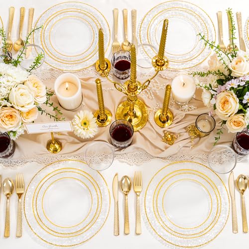 350PCS Clear Plastic Plates with Gold Trim for 50 Guests, Disposable Dinnerware Set O686017