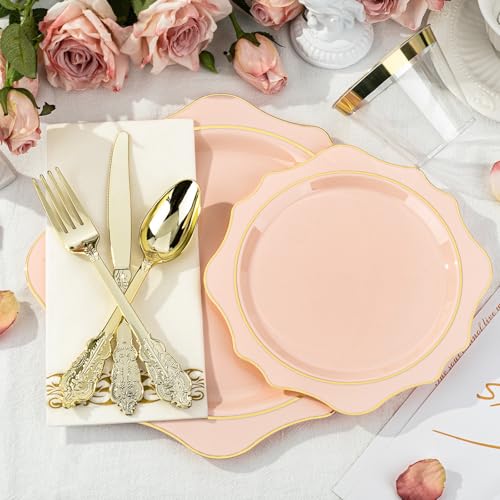 350 PCS Gold Plastic Plates with Cups, Silverware and Napkins for Party L8169