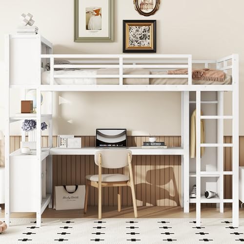 Full Loft Bed with Desk, Storage Shelves, and Wardrobe, Heavy-Duty Frame, Black K6320