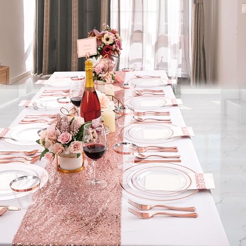 350PCS Clear Gold Plastic Dinnerware Set for 50 Guests, Disposable Plates, Cups & Silverware N692