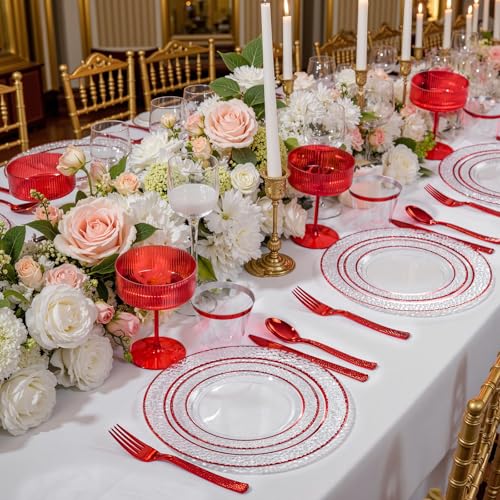 350PCS Clear Plastic Plates with Gold Trim for 50 Guests, Disposable Dinnerware Set O686017