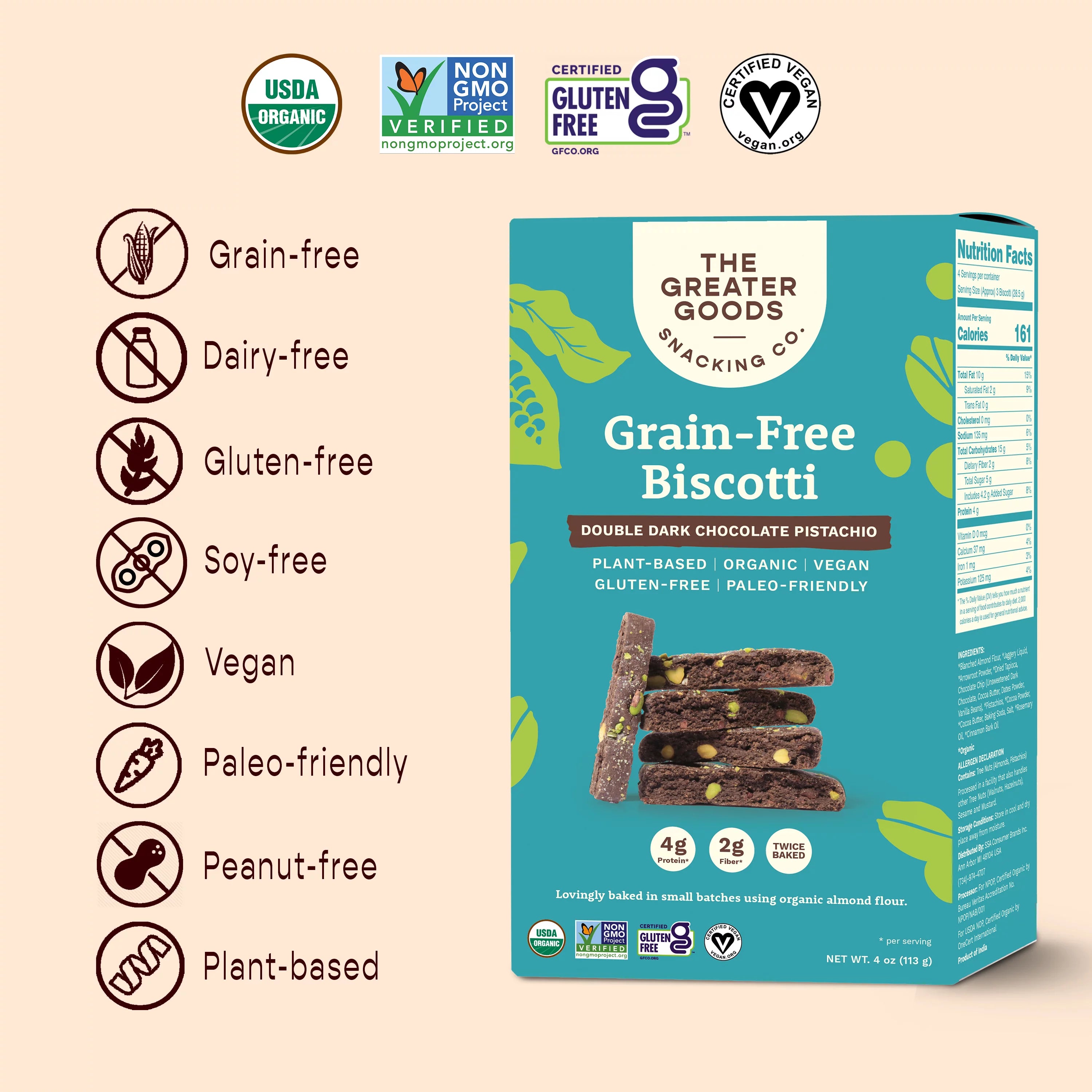 Gluten Free Double Dark Chocolate Pistachio Biscotti Cookies, 4oz, 6 Boxes F5051