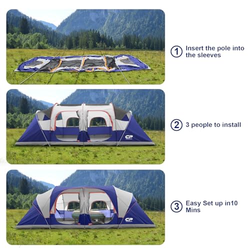 12-Person Camping Tent, 3 Room Family Tent, Waterproof Windproof with Carry Bag Q601154