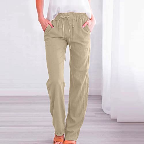Women Wide Leg Cotton Linen Pants High Waisted Palazzo Trouser with Pockets N409082