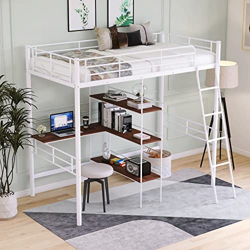 Full Loft Bed with Desk, Storage Shelves, and Wardrobe, Heavy-Duty Frame, Black K6320