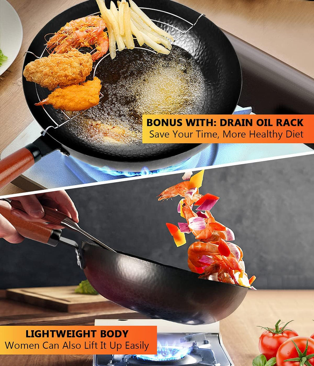 Carbon Steel Wok Pan Set with Wooden Lid, Flat Bottom, 14 Piece R623