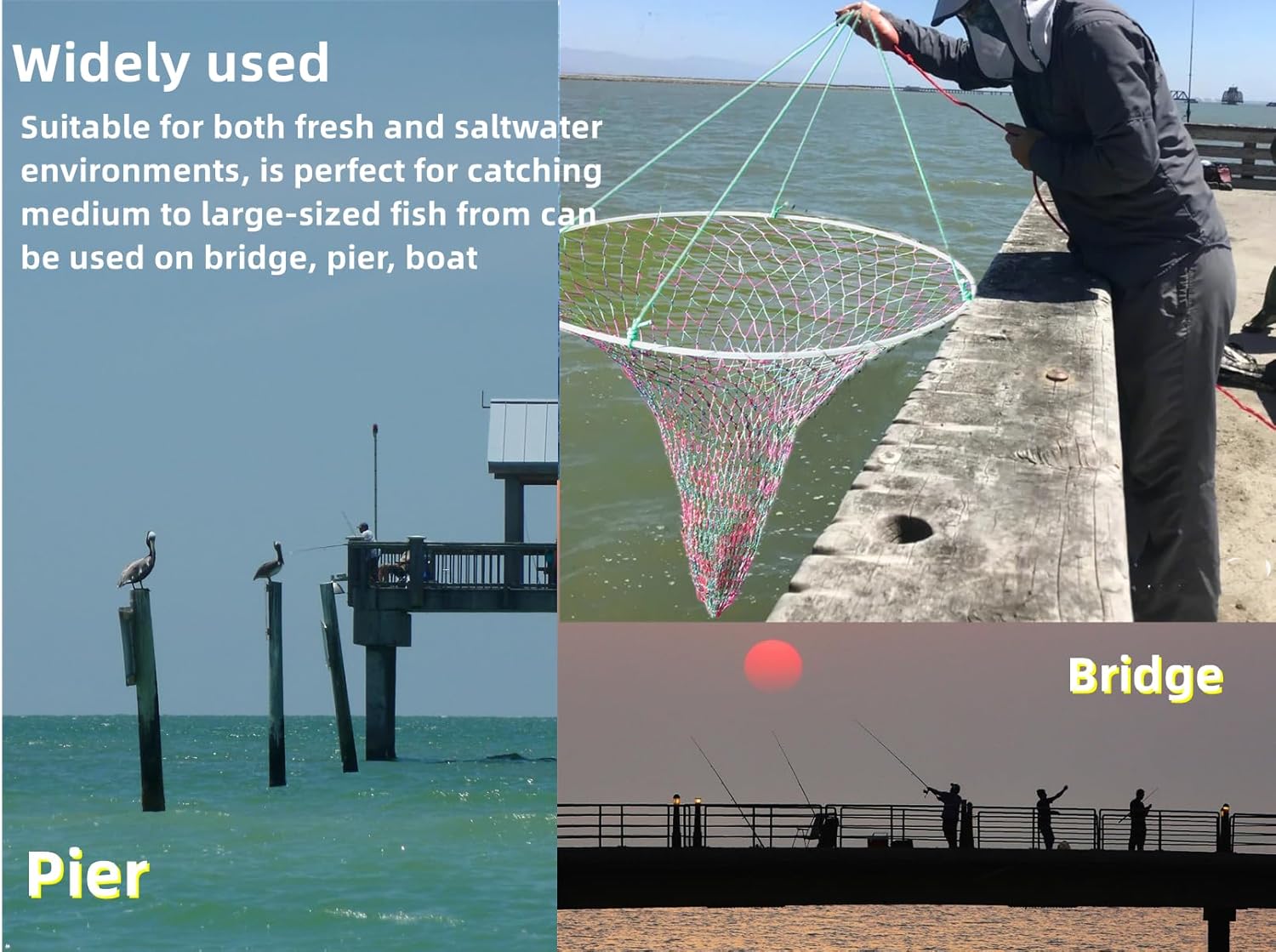 Folded Bridge and Pier Fishing Net with Steel Hoop and Mesh Bag A926