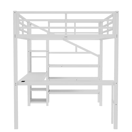 Queen Size Loft Bed with LED Lights, USB Ports and L Shaped Desk T2498