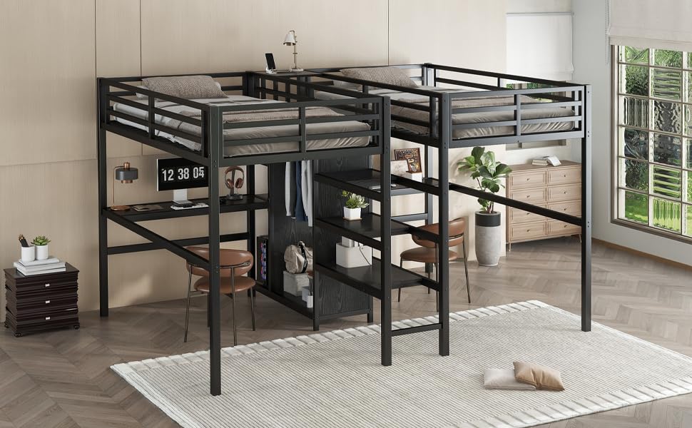 Metal Loft Bed with Wardrobe and L-Shaped Desk, Full Size with Storage Cubes and Shelves J450846