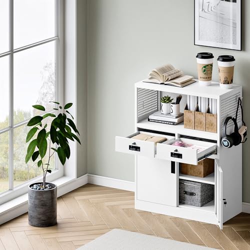 Locking Cabinet with 2 Drawers, Metal Storage Cabinet with Locking Doors and Shelves J89434