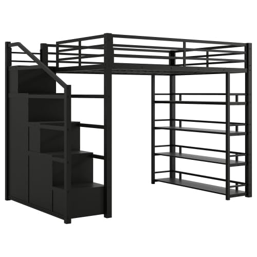 Full Size Loft Bed with Wardrobe and L-Shaped Desk, Metal with Storage Cubes, White Q15057