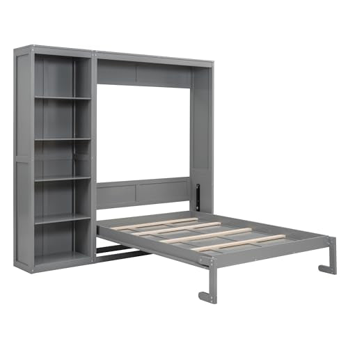 Grey Murphy Wall Bed with Storage Bookcase Shelves B3990