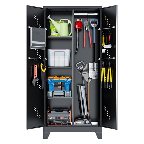 Broom Closet Storage Cabinet, 71" Metal Garage Cabinets with Lock & Hanging Rods, Utility Closet for Brooms and Mops, Cleaning Tool Cabinet for Home Office, Laundry Room