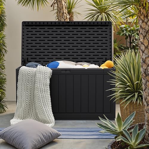 31 Gallon Resin Deck Box Waterproof Indoor Outdoor Storage for Patio Cushions and Garden Tools L90121
