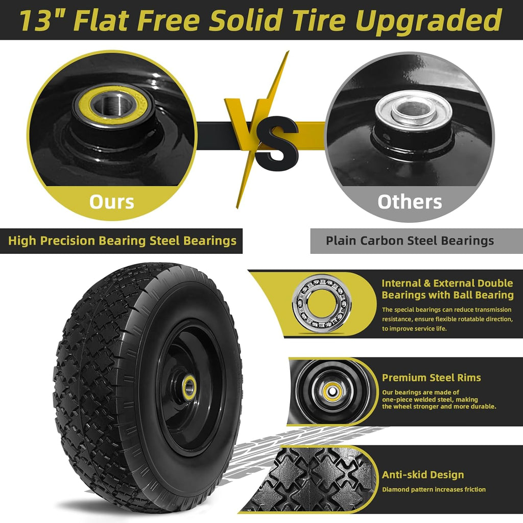 13" Flat Free Tire and Wheel Assembly with 5/8" Axle Bore, 2 Pack H490