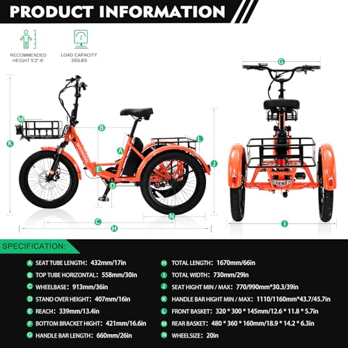 Electric Tricycle for Adults, 500W Folding 3-Wheel Bike with Basket X86957