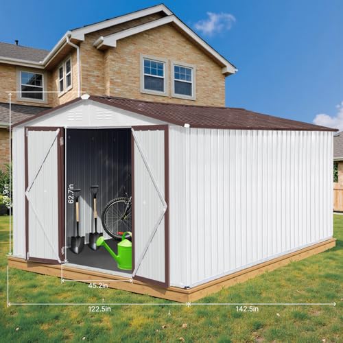 10 x 8 ft Outdoor Storage Shed, Metal Building with Windows and Lockable Doors, Grey Q206