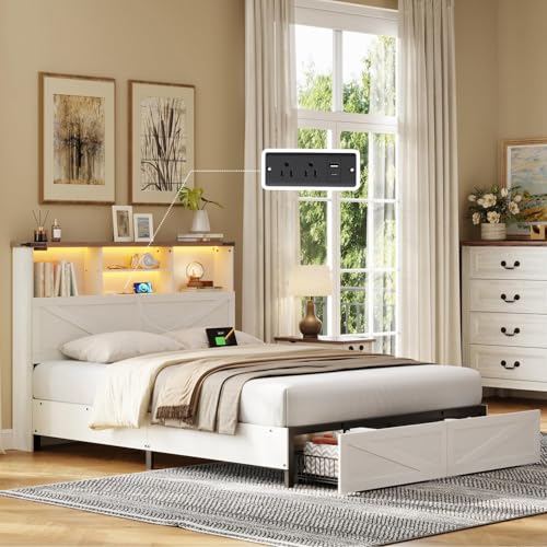 Antique White Twin Bed Frame with Bookshelf Headboard and Charging Station W2836