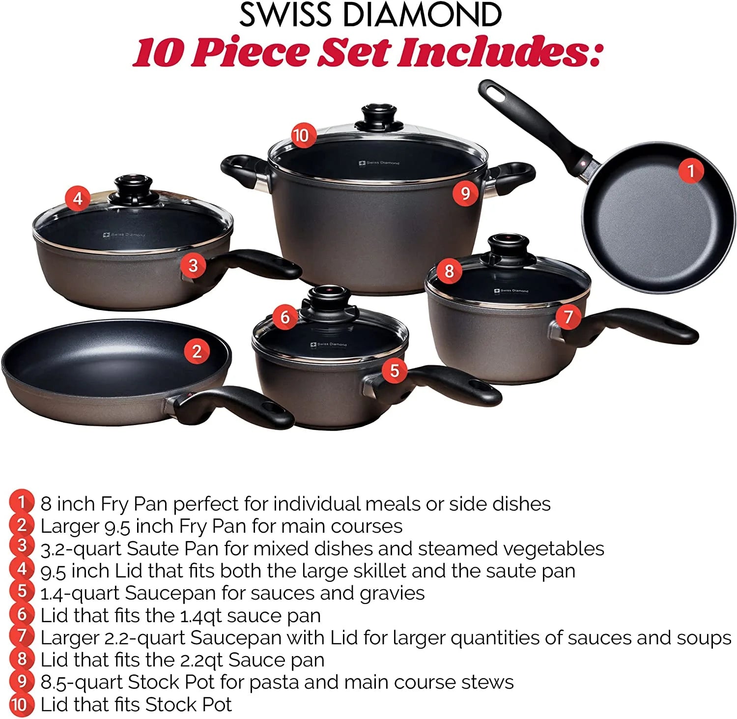 10 Piece Nonstick Diamond Coated Cookware Set with Lids, Oven Safe Z300539