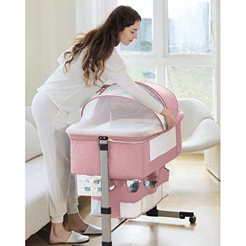 Baby Bassinet Bedside Sleeper with Storage Basket, Easy Folding, Adjustable, Pink D26019